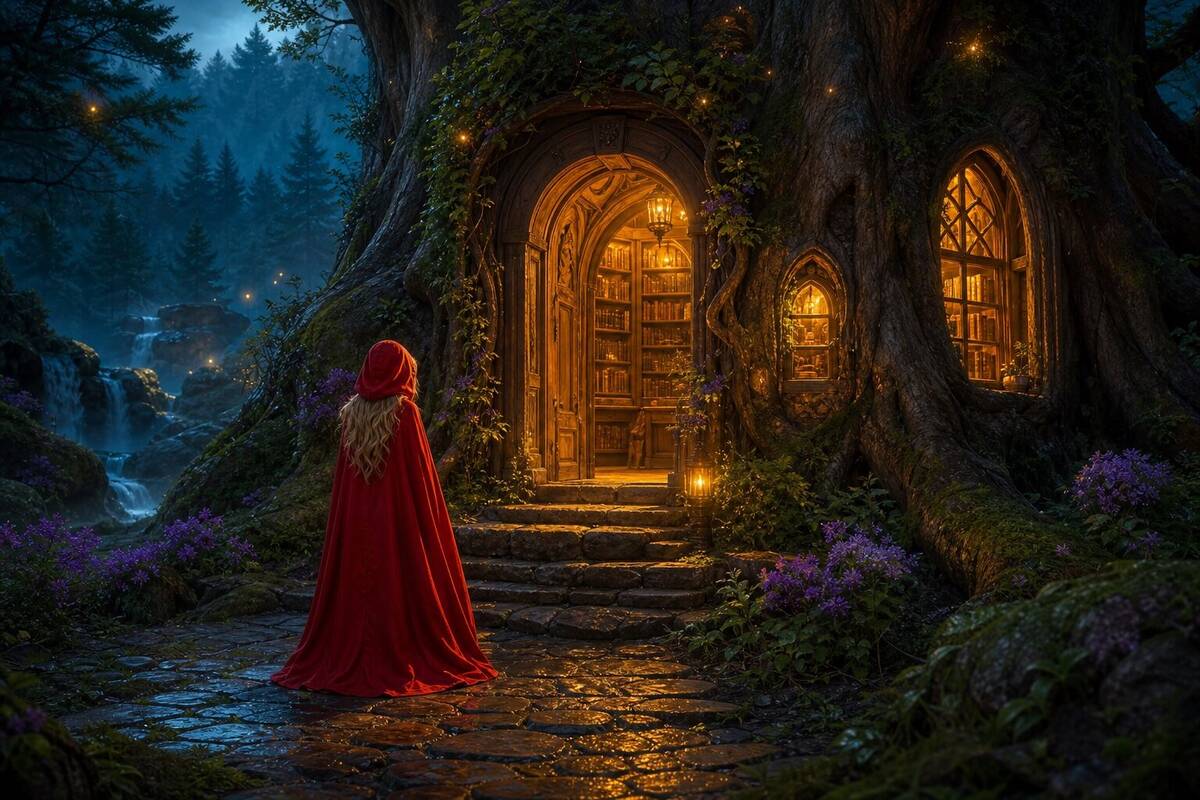 Warm glowing treehouse library in an ancient forest at twilight, figure in a red cloak on the path