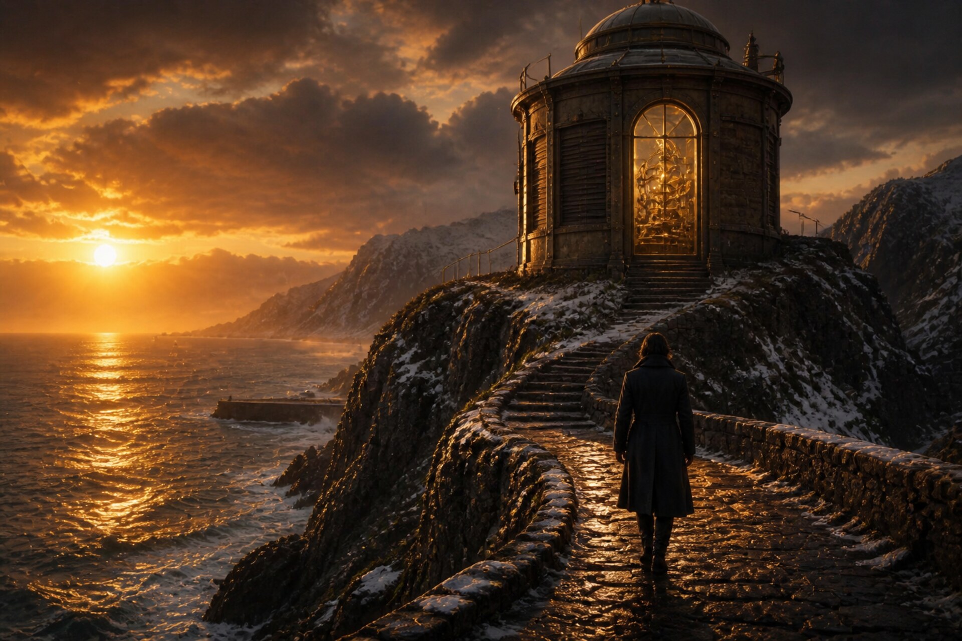 Lone figure on a cliff path toward a sealed brass lantern-tower observatory glowing amber over the sea at sunset