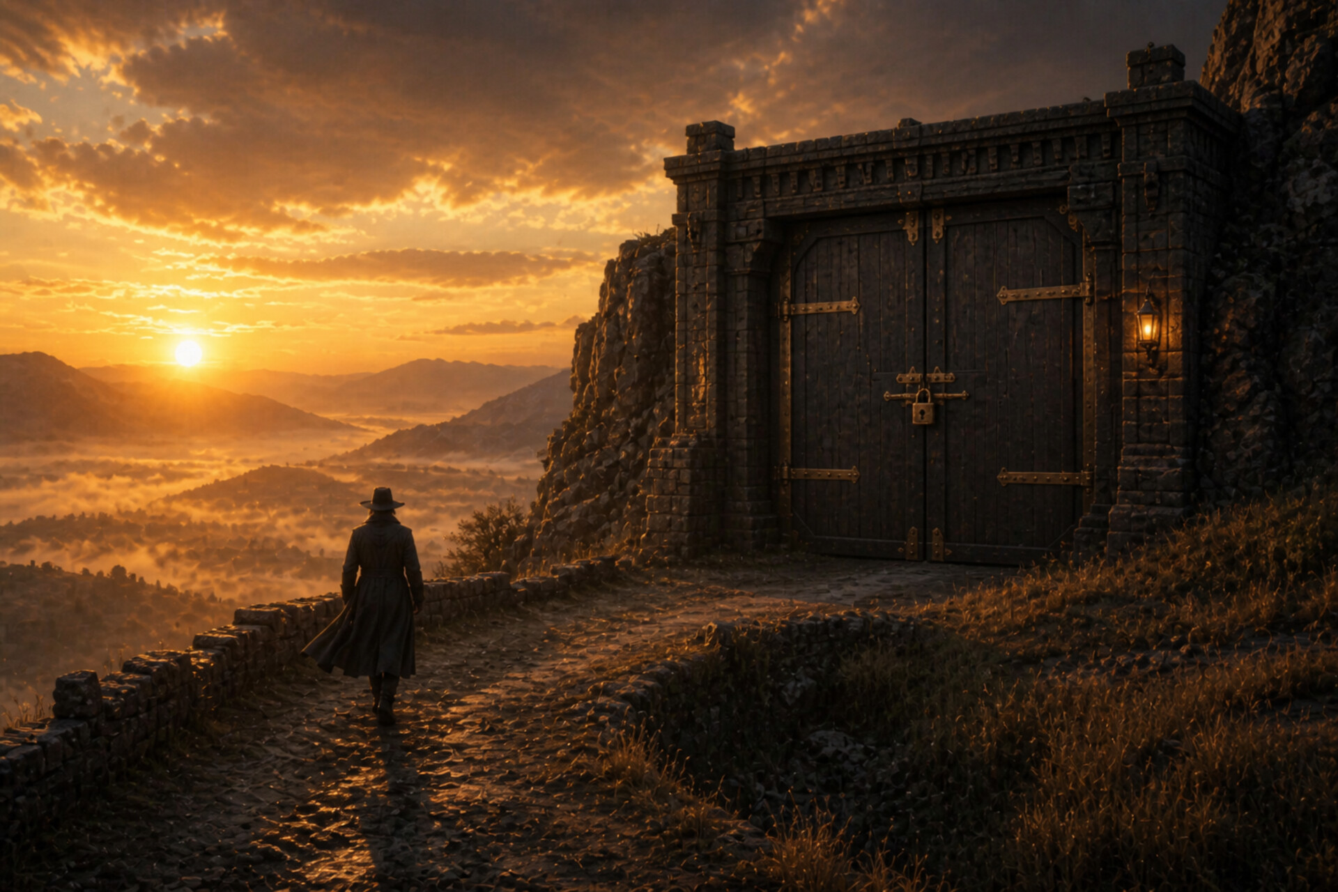 Lone figure at golden hour on a mountain path toward a locked brass-and-oak gate in the rock